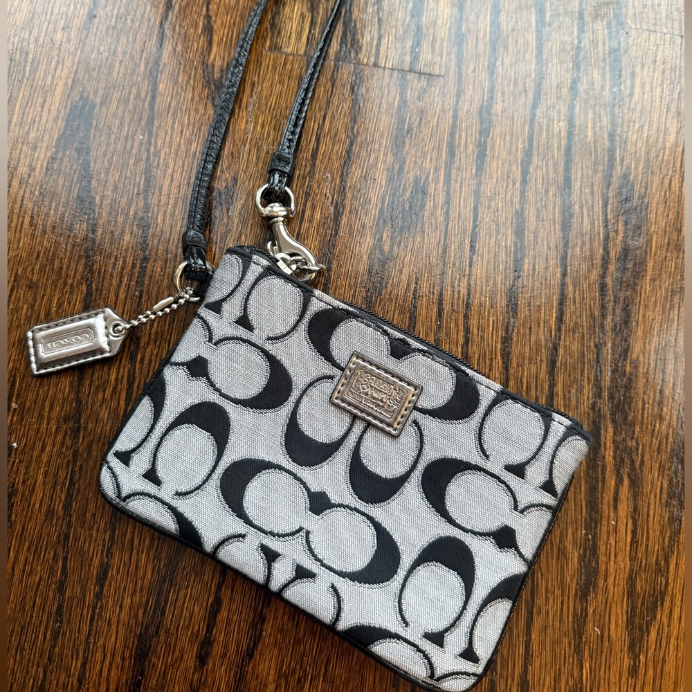 Small Coach Black and Gray Wristlet. Poppy - Signature Monogram. NWT.